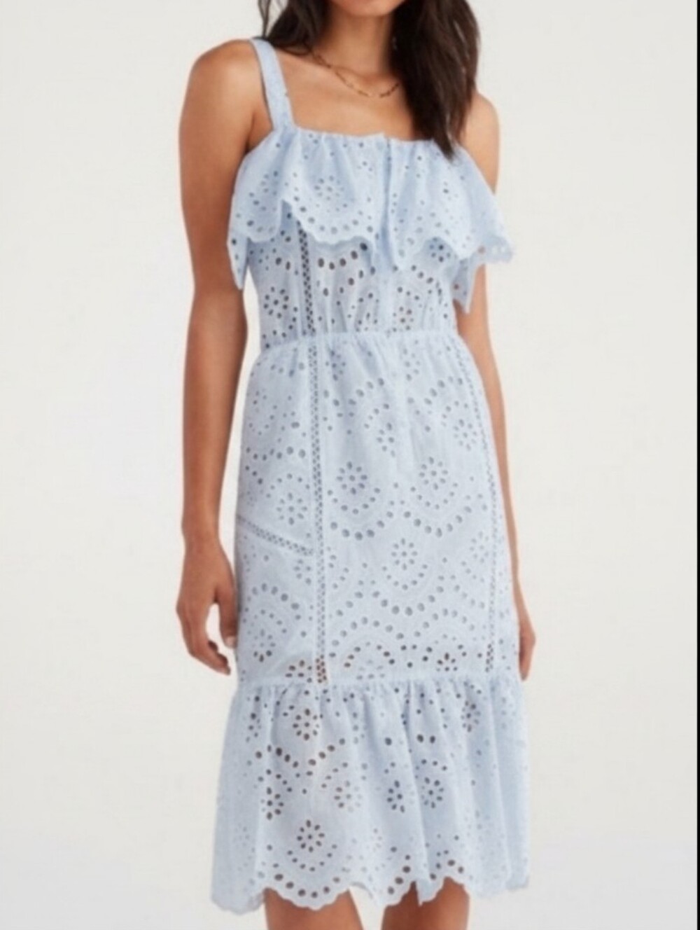 NWT 7 For All Mankind Eyelet Scalloped Tiered Midi Dress in Pale Blue Size Small